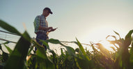A farmer holds a phone in his hand while standing in a knee-high field, with agricultural machinery and a sunset behind him.