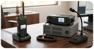 Motorola MOTOTRBO and Hytera DMR portable, mobile, and desktop dispatch setup on an office desk