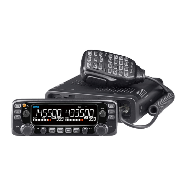 Icom 2730A VHF/UHF Dual Band Mobile Transceiver showing separate remote control head and independent control knobs.