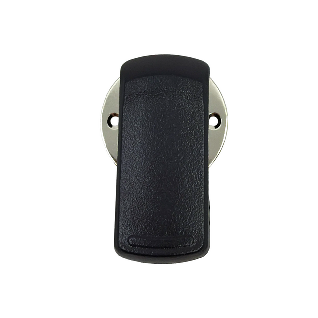 Front view of the black polymer Hytera HYT-30040000060582 replacement belt clip for speaker microphones.