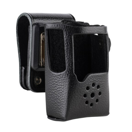 Front view of the Motorola AAM22X502 hard leather swivel case with clear display window.