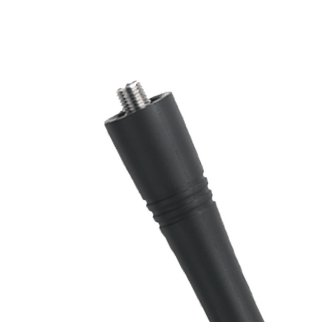Detailed close up of the precision machined threaded SMA male connector base on the Hytera AN0160H13 antenna.