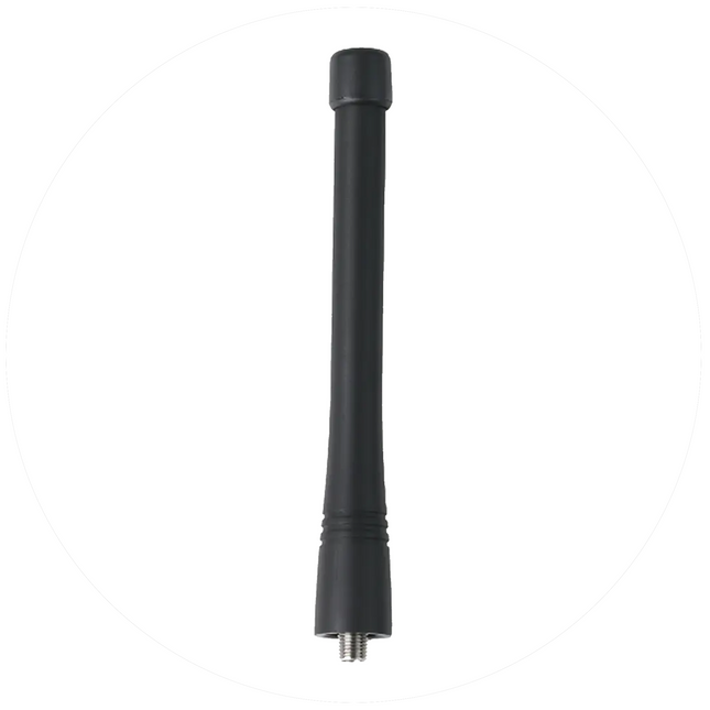 The compact Hytera AN0160H16 stubby VHF antenna mounted securely to the top deck of a commercial portable radio.