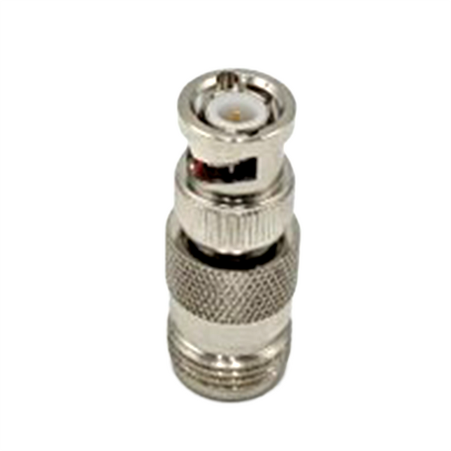 The Atlantic Radio N Female to BNC Male RF adapter displaying the threaded jack and twist-lock bayonet ends.