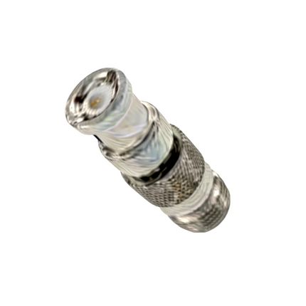 Close up look at the knurled metal exterior on the genuine Atlantic Radio N-Type to BNC coaxial converter.