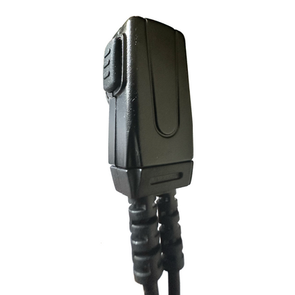 Detailed view of the inline PTT microphone module featuring a 360-degree rotating lapel attachment clip.
