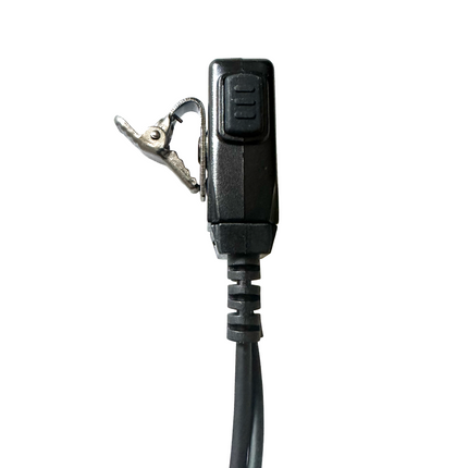Detailed view of the inline PTT microphone module featuring a 360-degree rotating lapel attachment clip.