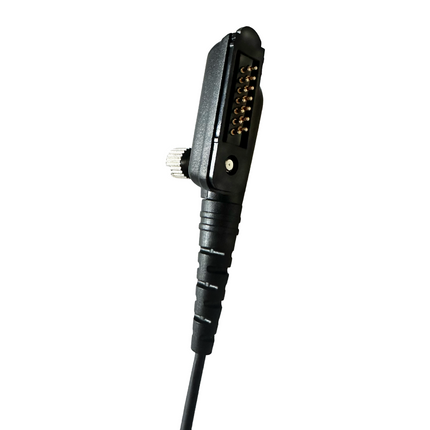 Close-up of the 14-pin threaded multi-pin radio connector on the Atlantic Radio ATL-AT1-F52 earpiece cable.