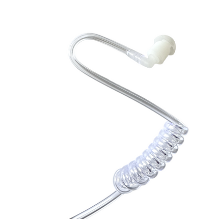Transparent coiled surgical acoustic tube with hypoallergenic silicone eartip and included spare ear insert.
