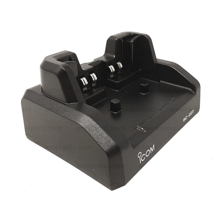Side profile view of the genuine Icom BC227 desktop charging dock highlighting the rear DC power input jack.