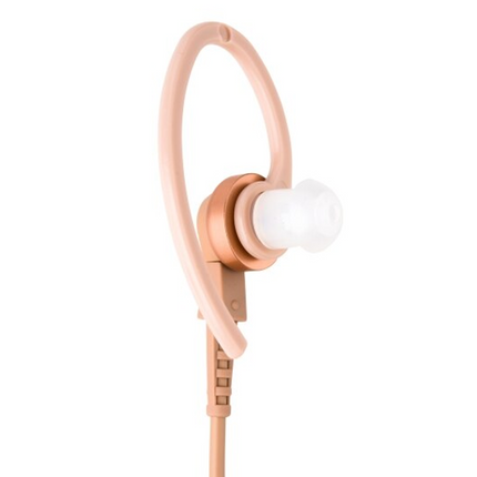 Close-up detail of the beige acoustic earpiece and in-ear plug on the Motorola BDN6669A.