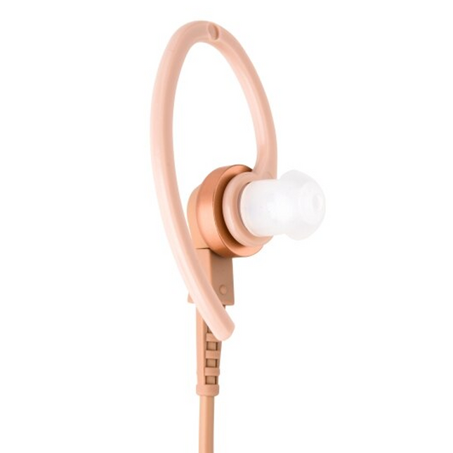Close-up detail of the beige acoustic earpiece and in-ear plug on the Motorola BDN6669A.