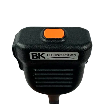 Close-up detail of the glove-friendly PTT button and tactile grip on the BK Technologies BKR0210 speaker mic.