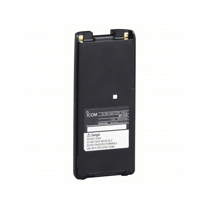 Authentic Icom BP210N Ni-MH battery pack locked onto the back of a handheld radio transceiver.