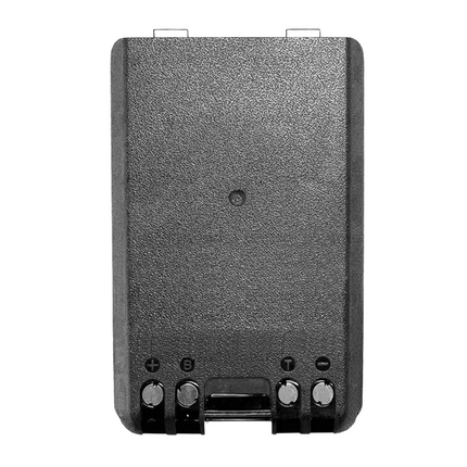 Rear view of the waterproof Icom BP300 Lithium-Ion Battery Pack for Icom SAT100 detailing the factory contacts label.