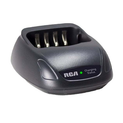 Front view of the RCA CH2001 PKG desktop rapid charging dock displaying its dual-purpose battery slot and LED light.