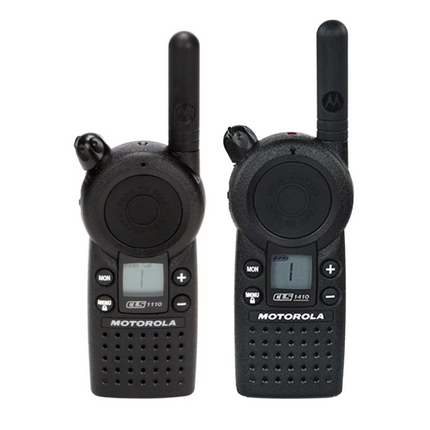 Front view of the Motorola CLS1110 and CLS1410 on-site UHF business two-way radios with belt holsters.