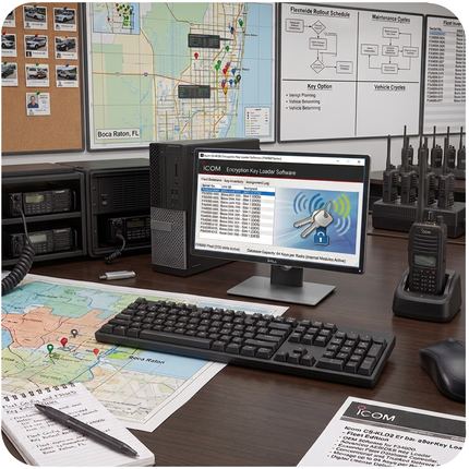 Icom CS-KLD2 software icon displaying a secure digital cryptographic key loader symbol for IDAS networks.