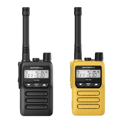 Motorola EVX-S30 UHF digital portable two-way radio in high-visibility yellow.and classic black.