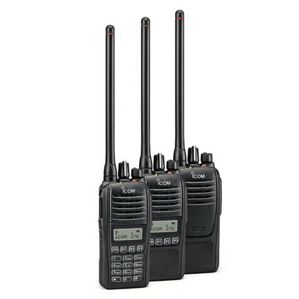 Side-by-side product layout showing the simple non-display, limited display, and full DTMF keypad variants of the F1100D and F2100D radio line.