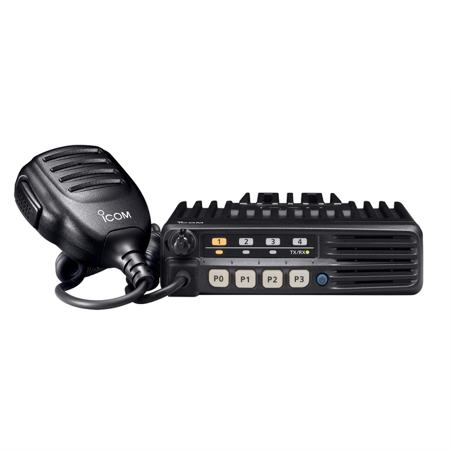 Front panel profile angle of the Icom F5011 mobile transceiver showcasing the four programmable P0-P3 keys.