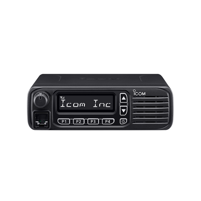 Front panel profile angle of the Icom F5130D mobile transceiver showing the 8-character display and four P-keys.