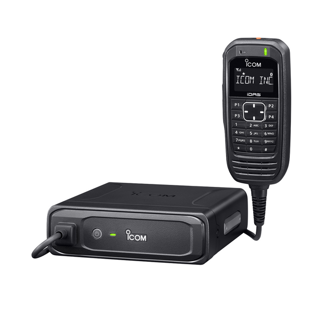 Icom F5330D / F6330D series IDAS mobile radio showing the compact main RF unit and black Commandmic remote control.