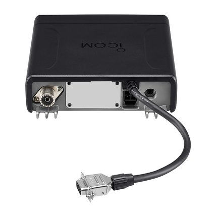 Rear chassis view of the Icom F5330D / F6330D black box main unit displaying antenna, DC power, and Ethernet PoE connectors.