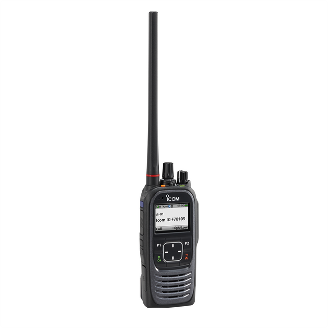 Front view of the Icom F7010S VHF digital handheld radio detailing its high-resolution color screen and simple keypad build.