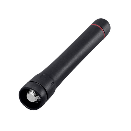 Side view profile showing the Icom FASC56VS stubby antenna mounted securely onto a portable handheld two-way radio.