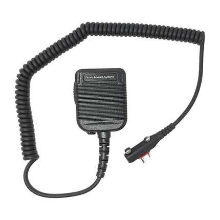 Close-up detail of the 2-pin right-angle screw-down connector on the Icom HM-HD7I7WP speaker mic.