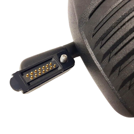Side profile view of the 14-pin spring-type plug and 18.1-inch coiled cable on the Icom HM184 mic.