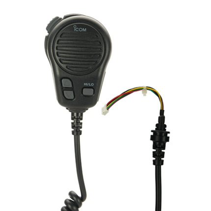 Front view of the Icom HM-200B black marine speaker microphone showing PTT and channel controls.