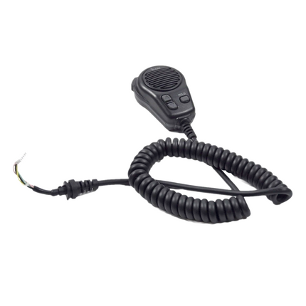 Detail view of the heavy-duty coiled cable and Molex connector plug on the Icom HM-200B.