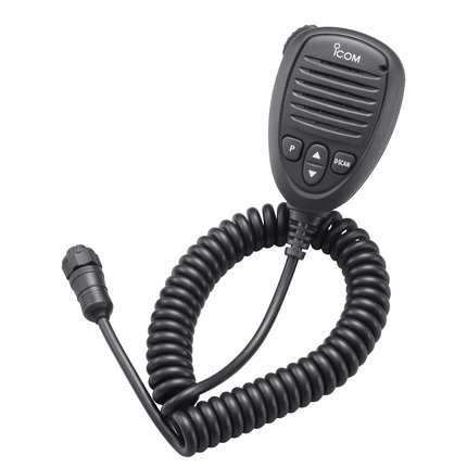 Front view of the Icom HM214H IPX8 waterproof hand microphone for marine fixed mount radios.
