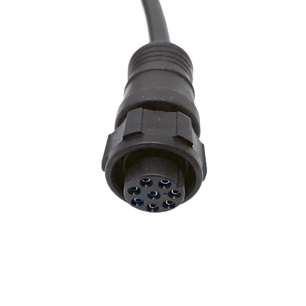 Close-up detail of the 8-pin waterproof connector plug on the Icom HM214H speaker mic cable.