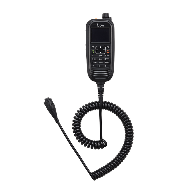Icom HM218 remote control command microphone showcasing its durable IP55 dust and water-resistant outer housing.