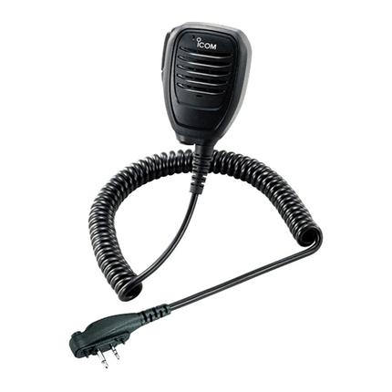 Icom HM222HLWP remote speaker microphone showing the heavy-duty IP68 submersible housing and tactical PTT switch.