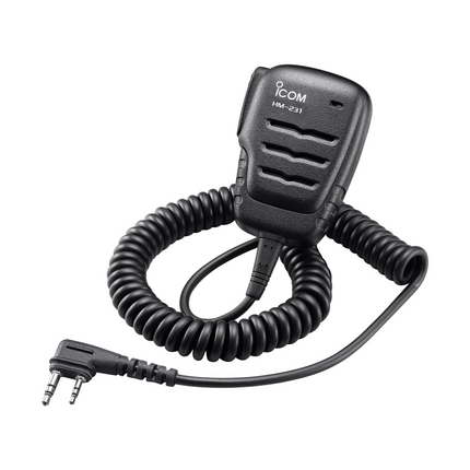 Front view of the Icom HM231 waterproof speaker microphone for A25 series handheld aviation radios.
