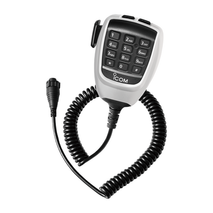 Front view of the Icom HM258T DTMF mobile hand microphone highlighting the full backlit keypad and push to talk button.