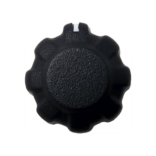 Top view of the black plastic Hytera HYT-11530000000046 volume knob component.
