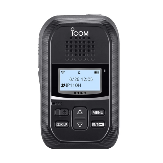 Front view of the compact Icom IP110H license-free IP radio showing its digital screen area and sleek black casing.