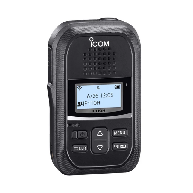 Icom IP110H wireless LAN radio displaying the rugged MBB-1 belt clip attachment point.
