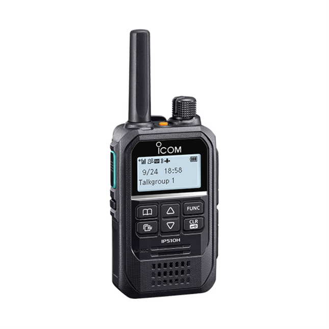 Side profile showing the PTT button and compact antenna on the Icom IP510H LTE radio.
