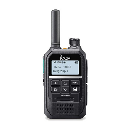 Front view of the Icom IP510H cellular and Wi-Fi hybrid IP portable radio with display screen.