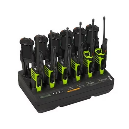 Motorola NNTN8897A IMPRES 2 Multi-Unit Charger showing the six-pocket layout and center diagnostic LCD screen.