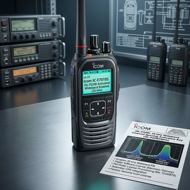 Digital license activation code icon for the Icom ISL-P25W 25kHz channel spacing software license.