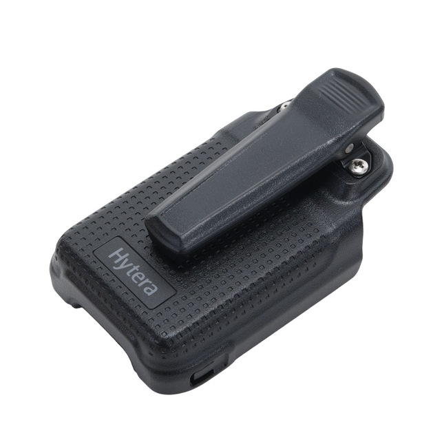 Authentic Hytera PCN005 belt clip shown snapped firmly onto a slim Z1p digital TETRA transceiver chassis.