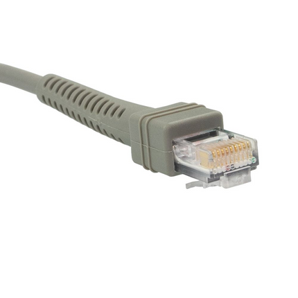 Motorola PMKN4147A front close-up programming cable unboxed and ready to plug into a mobile radio microphone connector.