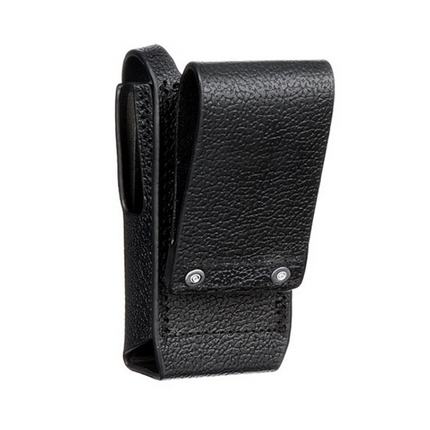 Side profile view showing top-grain leather construction on the Motorola PMLN5846A carry case.